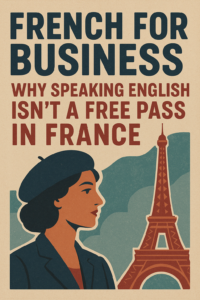 Business French for professionals Eiffel tower and american business woman learning business french to work in france and relocate
