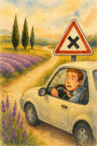 drive in france priorite a droite rule Amercan driver in France probably in Provence scared by the road signs he can't understand