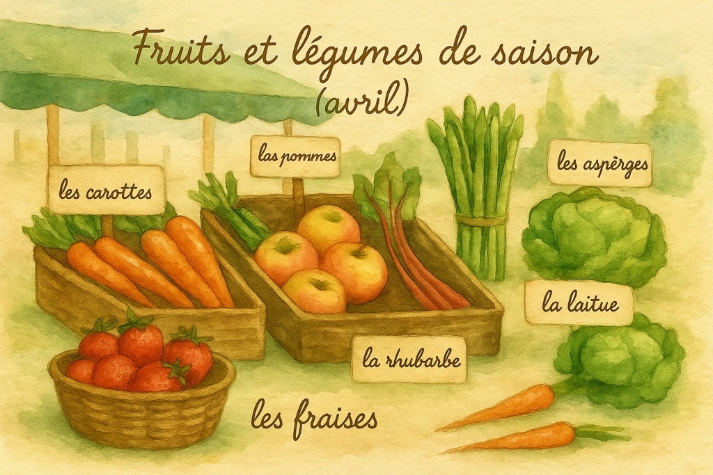 fruits et legumes saison en France Seasonal fruits and veggies French vocabulary for the market What is in season in France in April : asperge, rhubarbe, fraise