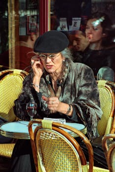 An classy woman in Paris wearing a beret relaxes at a cafe terrace while talking on her phone.