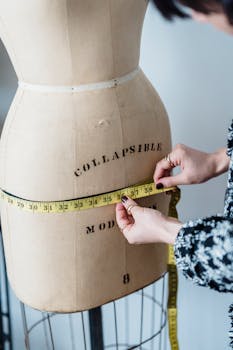 Crop unrecognizable female dress size US vs Francemaker with flexible ruler measuring hip line of dummy while working in studio