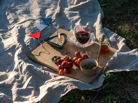 Apero Club to Learn French A sunlit picnic setup with French wine, cheese, grapes, and honey outdoors.