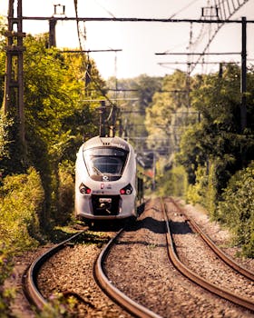 A high-speed train travels through a lush landscape in France on a  winter day for Christmas market