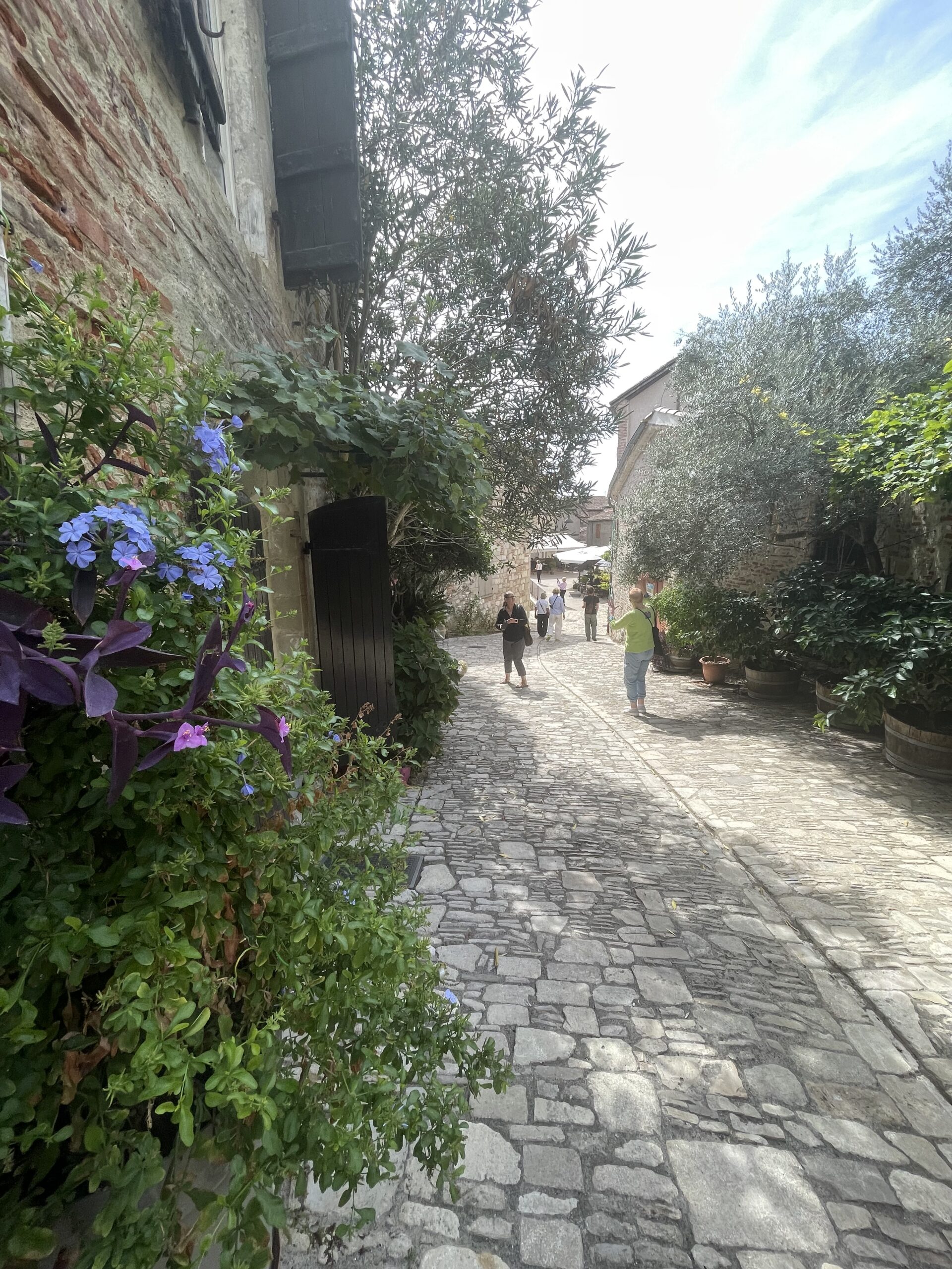People walking through a sunlit French village