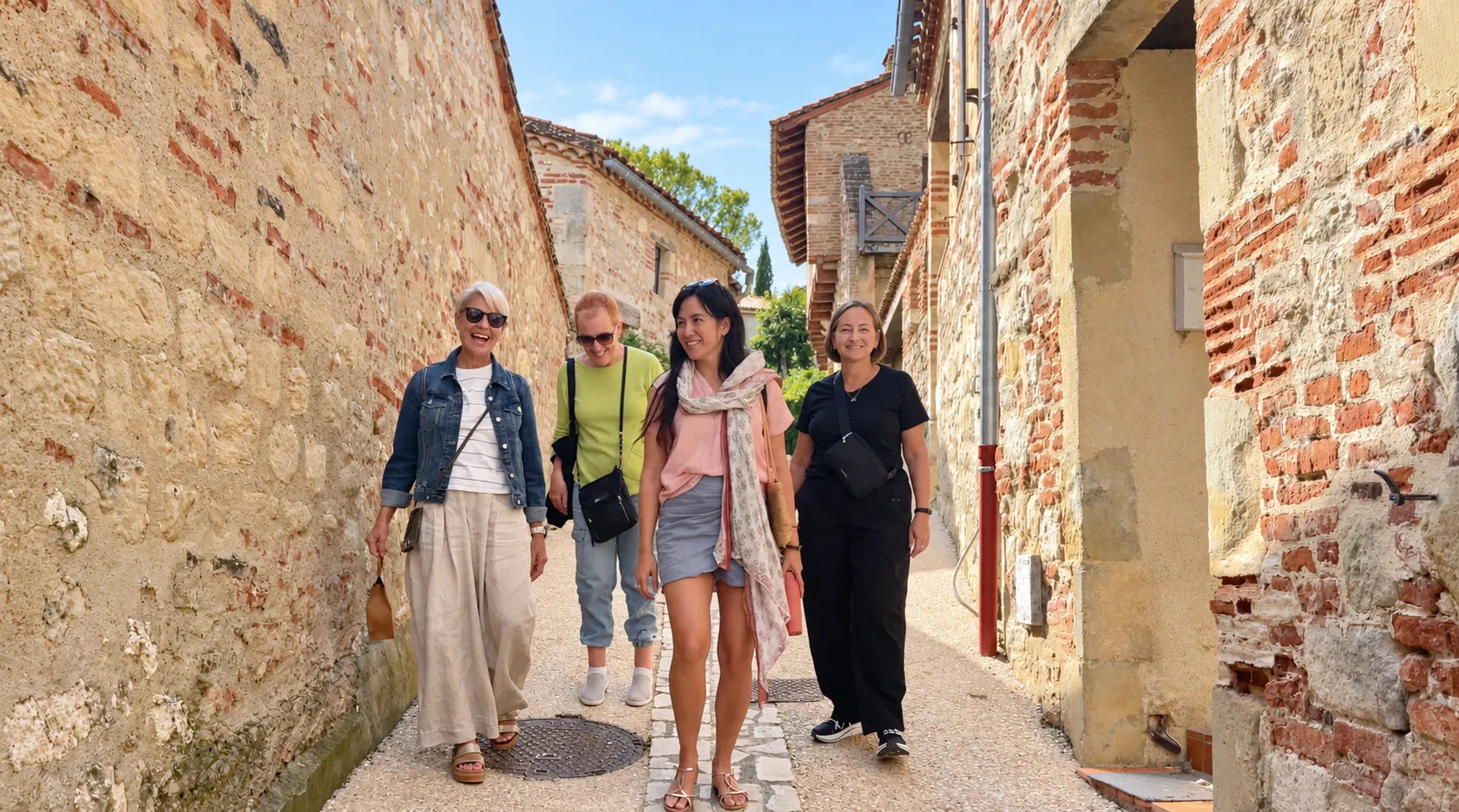 Four women walking together through a village street in France