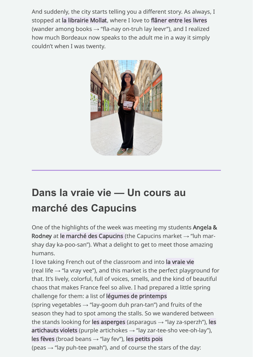 Excerpt from a Feel Good French Friday issue about a Bordeaux market with learners