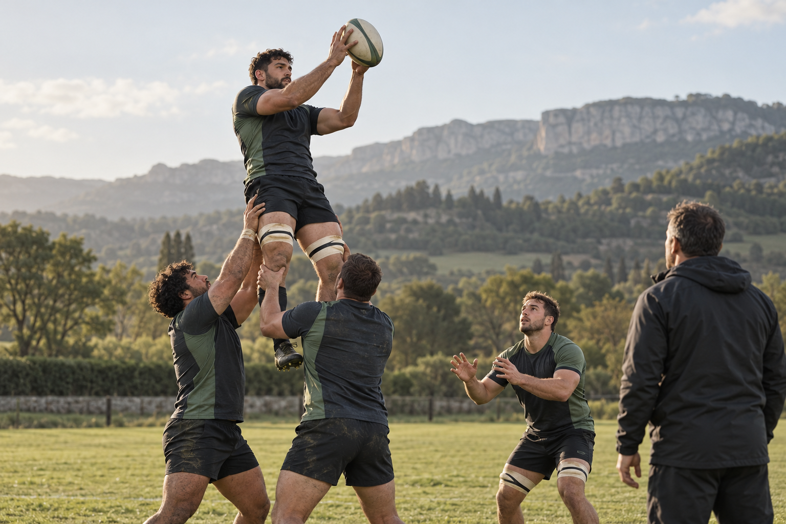 Rugby players practising a line-out lift and call at training