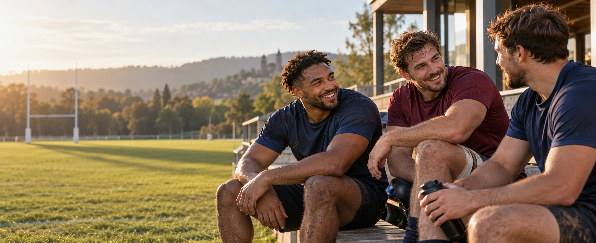 Illustrated rugby players talking together beside a pitch in France