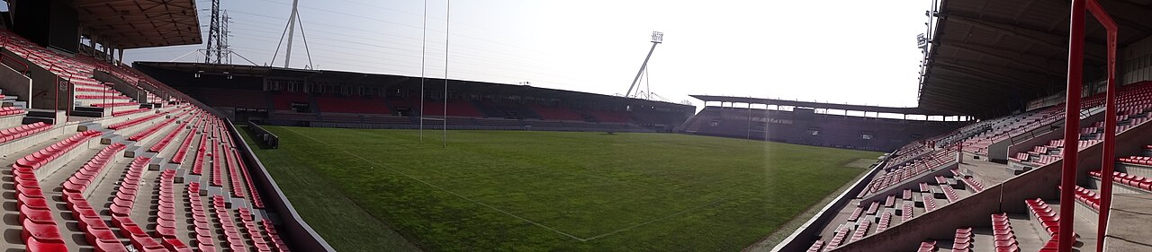 Panoramic view of the rugby pitch and stands at Ernest-Wallon stadium in Toulouse